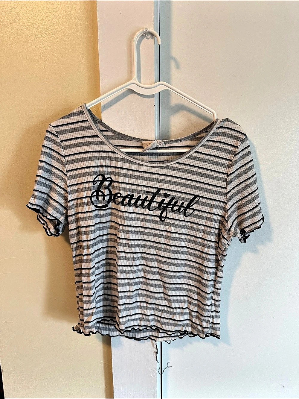 Rebel Society Striped Short Sleeve Tee in Gray & White Size Medium